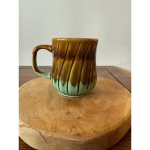Vintage Drip Glaze Ceramic Mug Brown Green Swirl Textured Stoneware Taiwan 4in